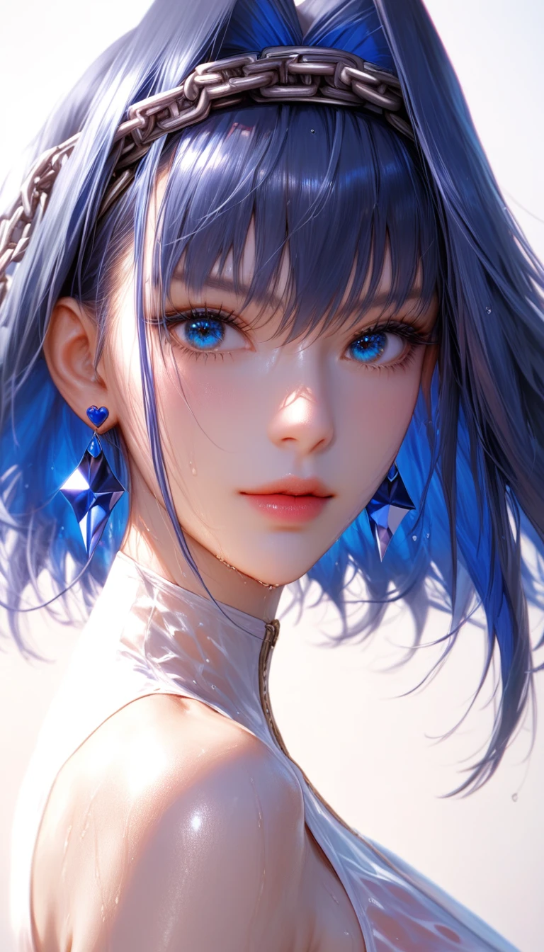 ouro kronii,blue eyes,blue hair,colored inner hair,chain headband,bow earrings, Close-up details, realistic style photo Japanese young woman, outstanding style, tall, cute, adult. Use soft lighting to cast gentle shadows on the subject, adding a touch of dimension to your images without compromising details, score_9, score_8_up, score_7_up, sweaty, wet, shiny skin