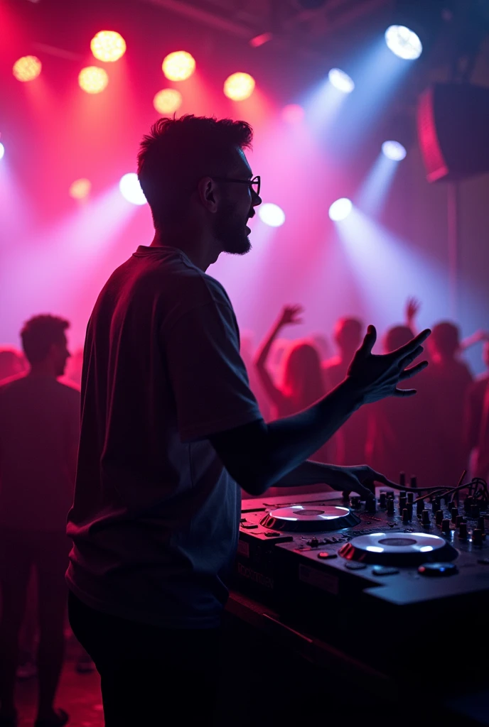 Silueta de Un dj vista latetal pasando music en una fiesta, Lights de fiesta, music, Lights, Lights cinenatograficas, Shadows , people dancing happy