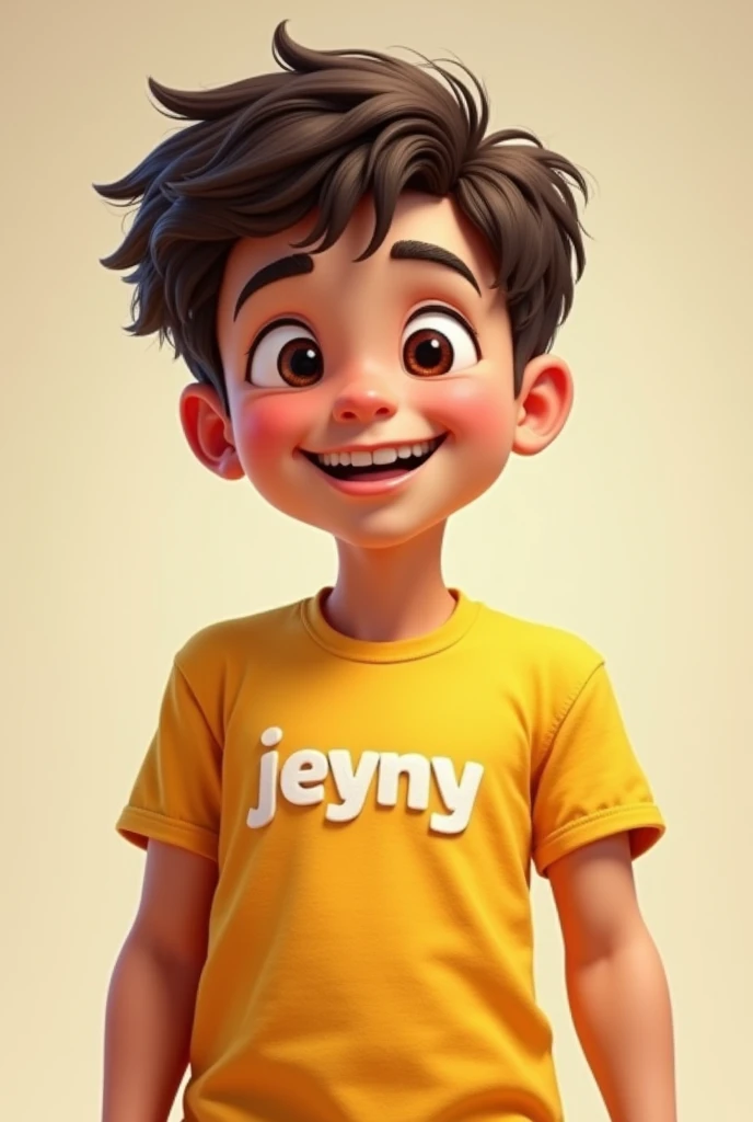 a T-shirt with Jeyny written on it. The boy should have a friendly and joyful expression, and the setting should be simple to keep the focus on the boy and the T-shirt."