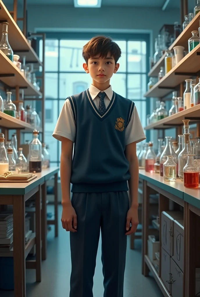 young man in his school uniform and behind him a science laboratory with science objects