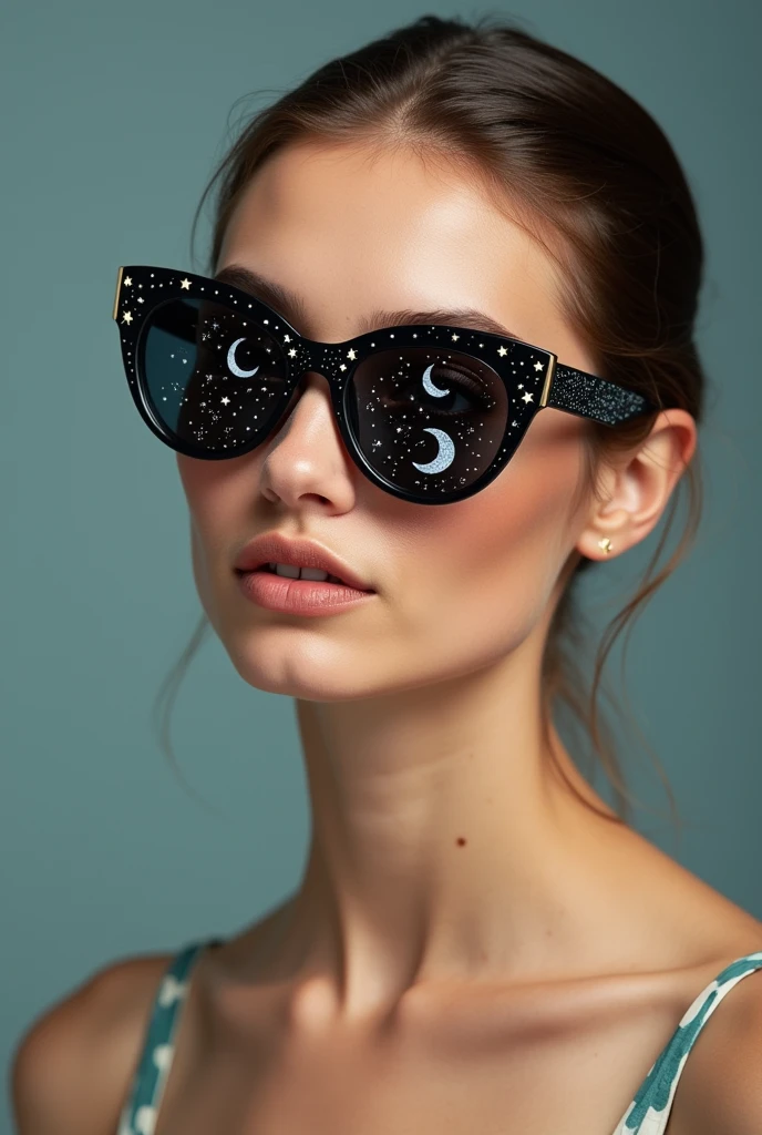 The model is wearing glass sunglasses with stars and the moon on the glass