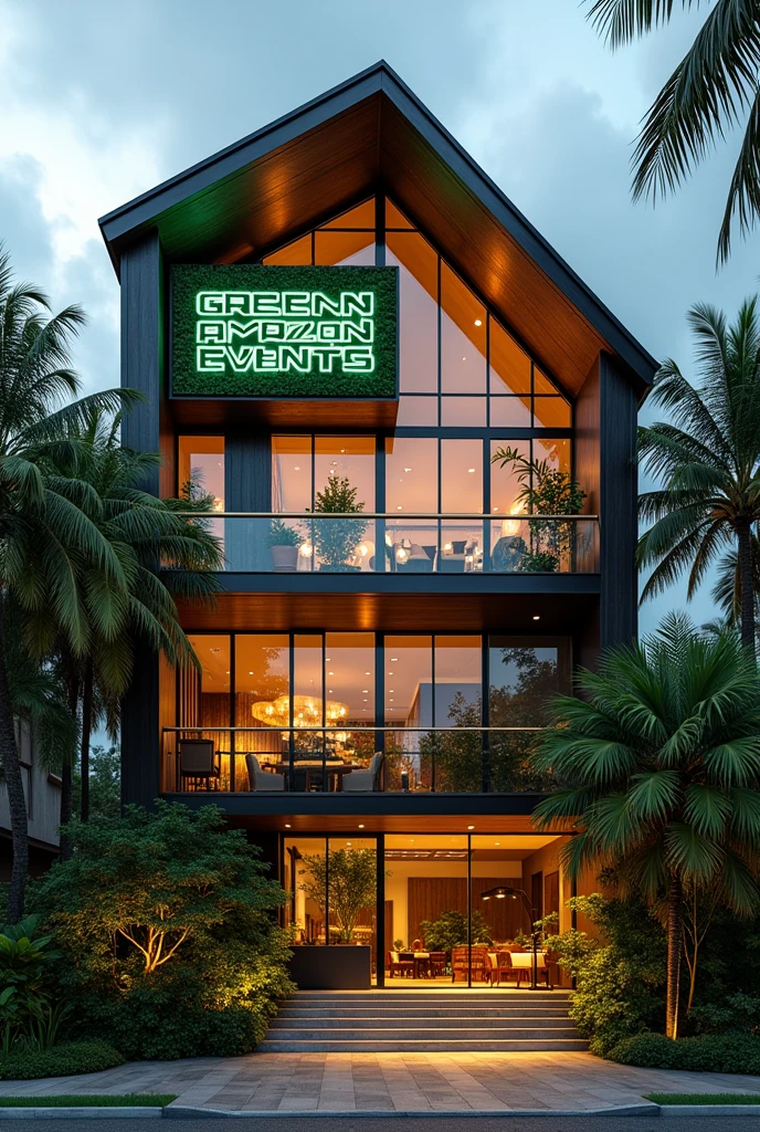 Make a large building in the shape of a two-story house, with glass windows, lights, coconut trees in the outdoor area, large illuminated sign, Written "Green Amazon events" In Portuguese, large interior, fullcolor, Trees, large events company, city center building, big company, sustainable, It cannot look like a hotel or a restaurant, but company
