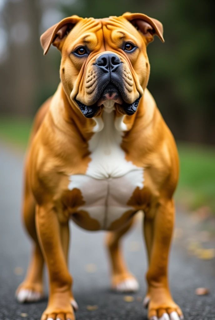 American bull dog, the same yellow with the white chest