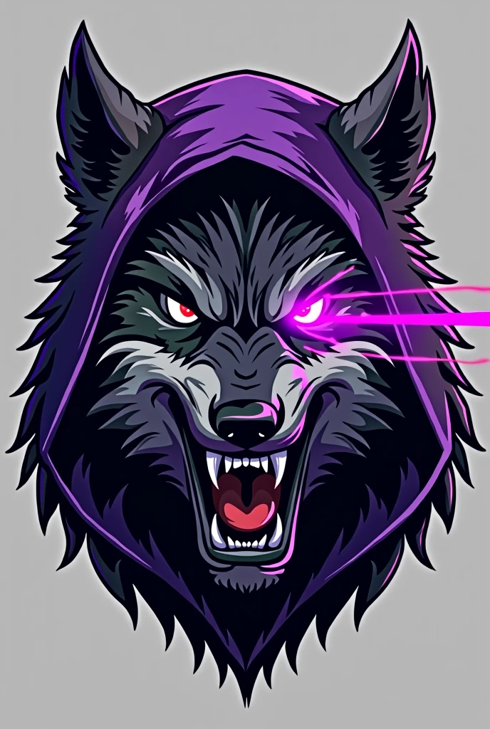 A logo of an angry, hairy wolf's face, that the left front part of the face is covered by a purple hood and that purple rays are projected from its right eye, but the wolf is animated and below the logo it says MANANTIAL