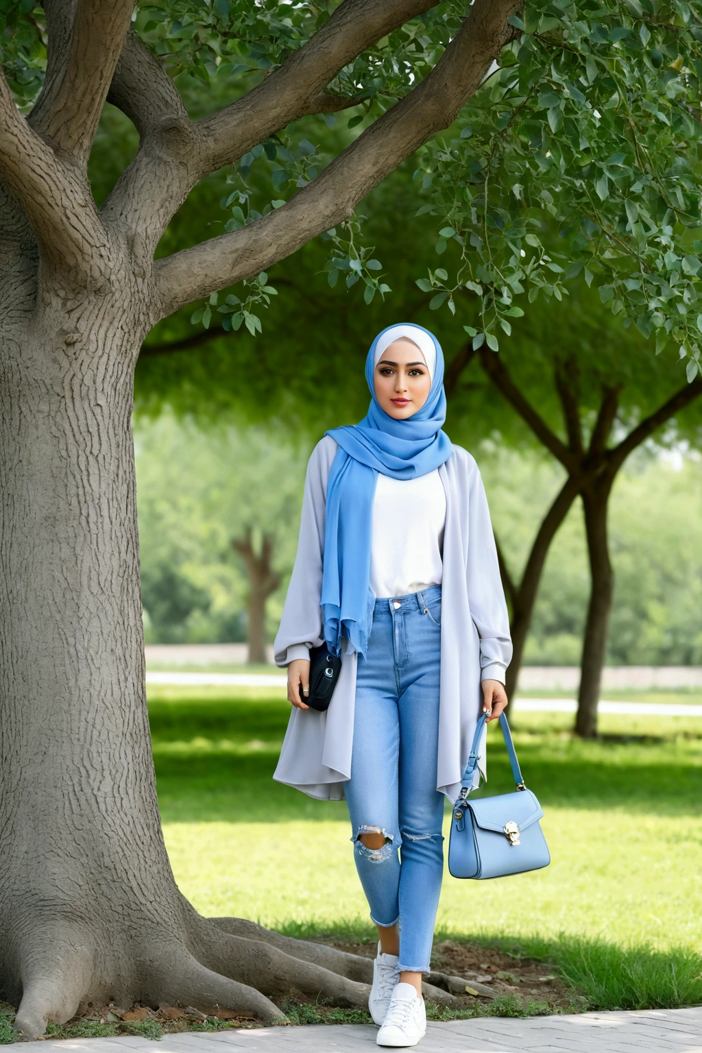 Please make me a realistic photo ((full body)) A woman in an elegant light gray hijab dressed in sky blue, and wearing blue jeans ripped, wearing sneaker She is standing facing the viewer near a green tree with a small bag in her hand.