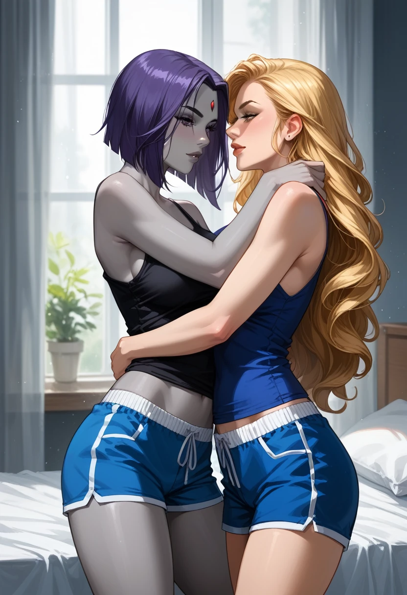 score_9, score_8_up, score_7_up, score_6_up, source_cartoon, adult women, yuri, couple, (2women), duo, BREAK adult, (Raven, grey skin:1.5), BREAK adult, (Terra_Markov from Teen Titans, blonde, long flowing hair:1.4), BREAK (bedroom, embracing, sexy tight pajama shorts and tank tops:1.3), BREAK shallow depth of field, highly detailed, bokeh, moody, epic, gorgeous, grainy, BREAK (ultra-detailed), (best illustration), (best shadow), (absurdres), BREAK (detailed background), (very aesthetic).