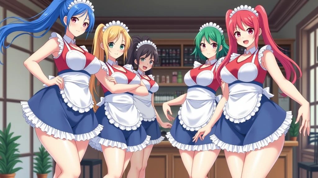 Five tall beautiful girls with big breasts one with long blue hair with a ponytail another with long pink hair another with short blonde hair another with short dark green hair and the last one with orange hair with two pigtails in a maid uniform with a long skirt and the background of a cafe Looking ahead