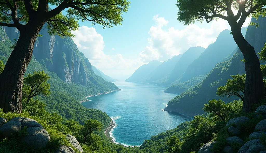 Bottom view,There are many laurel trees on the highest mountain(best quality,4K,8k,High level,masterpiece:1.2),Ultra Detailed,(lifelike,Photo real,Photo real:1.37),Complex patterns,Realistic lighting,虚幻引擎4K壁纸,Summer Unreal Engine 5, Beautiful landscape rendering, Mountains and Oceans, Rendered in 8k Unreal Engine,,The most beautiful scenery,Epic shock