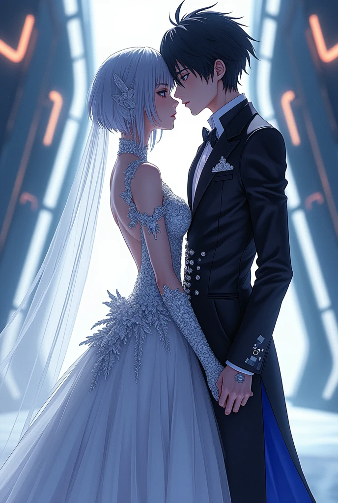 Sanakan and Cibo from Blame! in wedding dresses), (sci-fi theme), male with jet-black hair, female with striking silver hair, futuristic setting, glowing accents, ethereal atmosphere, intricate details on dresses, soft yet vibrant light illuminating from above, intimate and romantic vibe, high detail, ultra-detailed, cinematic quality, emotionally charged scene.