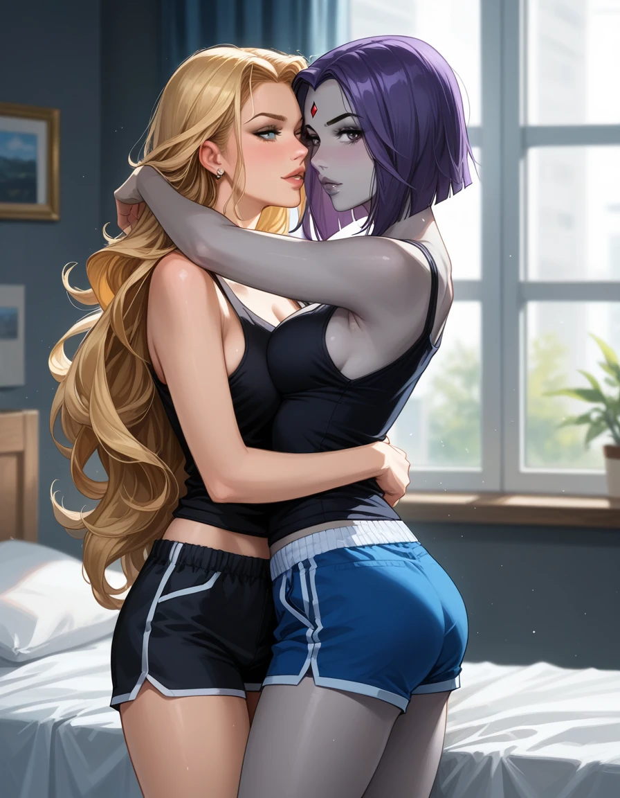 score_9, score_8_up, score_7_up, score_6_up, source_cartoon, adult women, yuri, couple, (2women), duo, BREAK adult, (Raven, grey skin:1.5), BREAK adult, (Terra_Markov from Teen Titans, blonde, long flowing hair:1.4), BREAK (bedroom, embracing, sexy tight pajama shorts and tank tops:1.3), BREAK shallow depth of field, highly detailed, bokeh, moody, epic, gorgeous, grainy, BREAK (ultra-detailed), (best illustration), (best shadow), (absurdres), BREAK (detailed background), (very aesthetic).