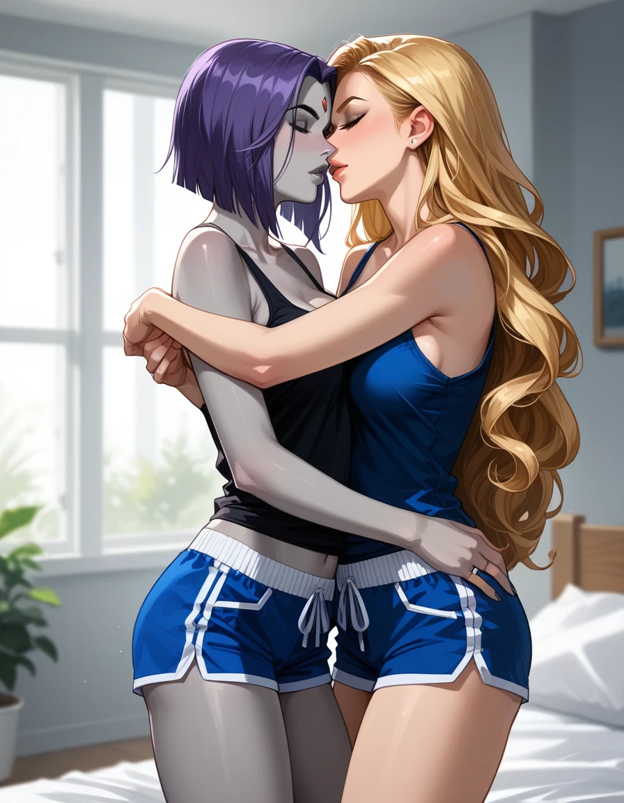 score_9, score_8_up, score_7_up, score_6_up, source_cartoon, adult women, yuri, couple, (2women), duo, BREAK adult, (Raven, grey skin:1.5), BREAK adult, (Terra_Markov from Teen Titans, blonde, long flowing hair:1.4), BREAK (bedroom, embracing, sexy tight pajama shorts and tank tops:1.3), BREAK shallow depth of field, highly detailed, bokeh, moody, epic, gorgeous, grainy, BREAK (ultra-detailed), (best illustration), (best shadow), (absurdres), BREAK (detailed background), (very aesthetic).