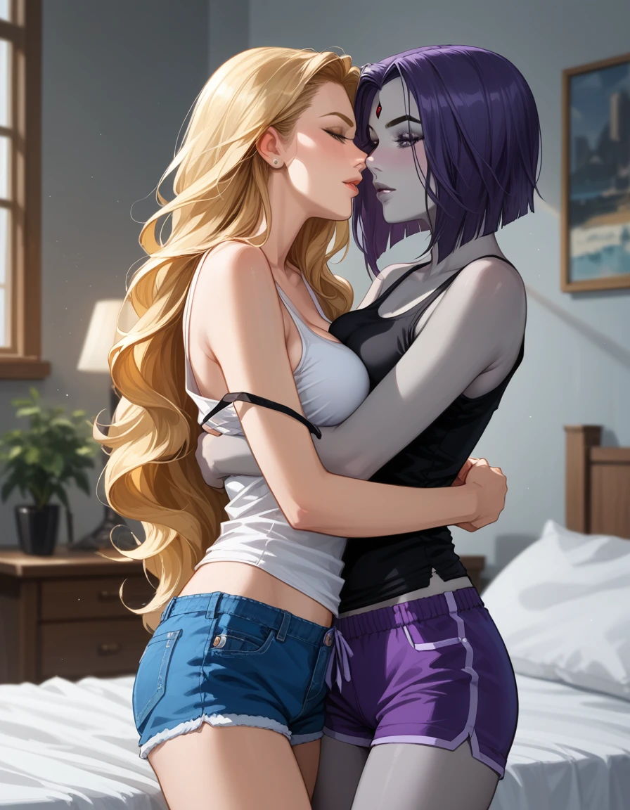 score_9, score_8_up, score_7_up, score_6_up, source_cartoon, adult women, yuri, couple, (2women), duo, BREAK adult, (Raven, grey skin:1.5), BREAK adult, (Terra_Markov from Teen Titans, blonde, long flowing hair:1.4), BREAK (bedroom, embracing, sexy tight pajama shorts and tank tops:1.3), BREAK shallow depth of field, highly detailed, bokeh, moody, epic, gorgeous, grainy, BREAK (ultra-detailed), (best illustration), (best shadow), (absurdres), BREAK (detailed background), (very aesthetic).