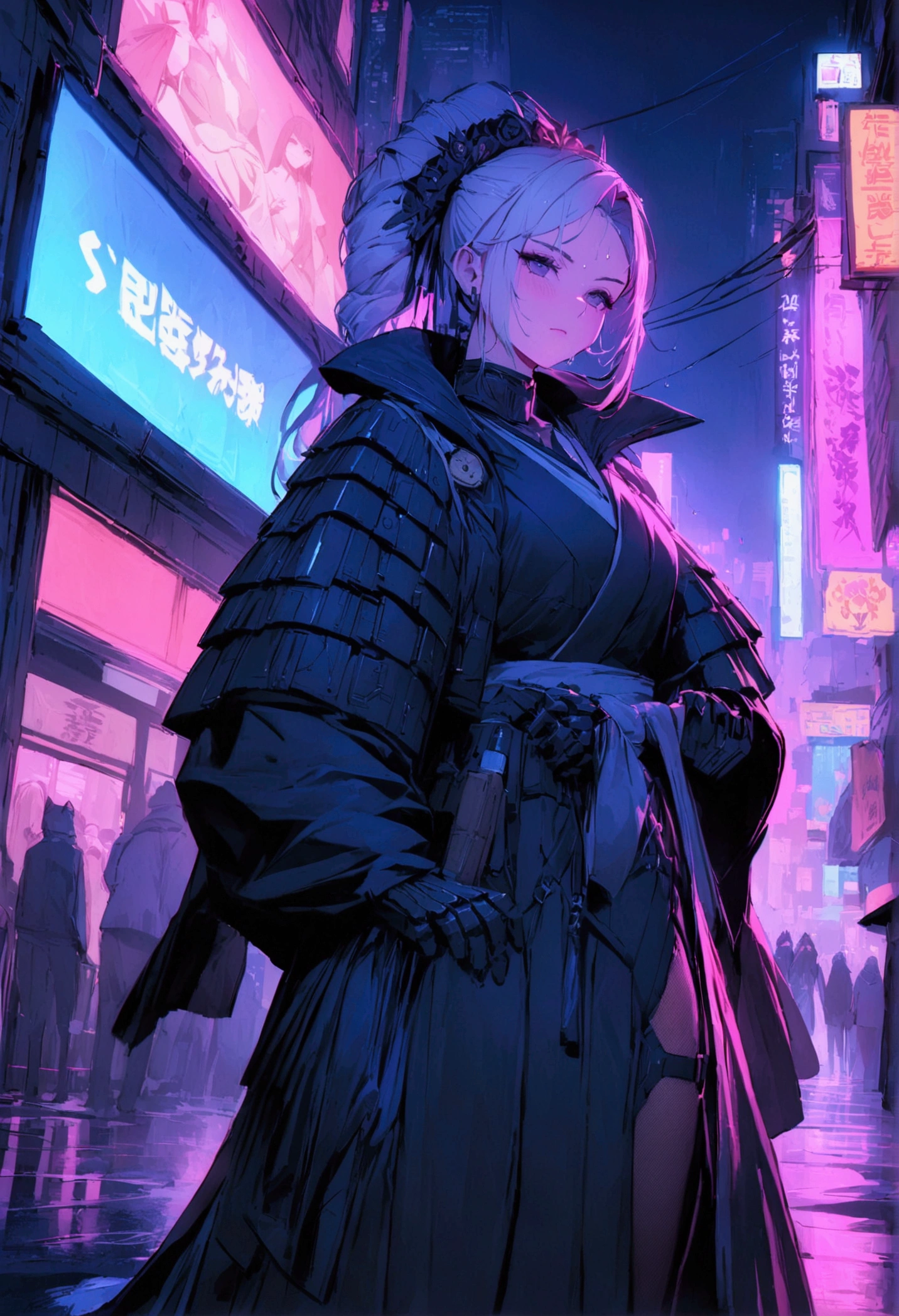 (best quality), (ultrafein), (​masterpiece), Illustration, a girl,Kimono-Costume,cyberpunk, （cyberpunk，Kimono-Costume，Cybernetic implants），Hair Accessories, bright colours，dynamic lighting，neon lights，shining city skyline，holographic projection，Fashionable clothing of the future，a mix of traditional and modern elements，Avantgardistisches Make-up，exquisite hairstyle，Self-confidence and determination，Urban environment，Heavy rain，Reflection on wet road，Metall Textur，Mechanical Armor, gorgeous accessories，High-Tech-Gadgets，Impressive cybernetic improvements，Clear focus，Grumpy Details, Overclocked rendering, Cinematic edge light, fine light, ​masterpiece, super Details, epic work, Ultra-High-Definition, good quality, 32K