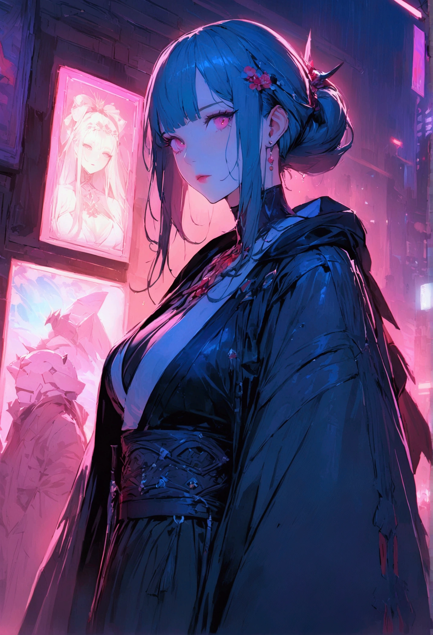 (best quality), (ultrafein), (masterpiece), Illustration, a girl,Kimono-Costume,cyberpunk, (cyberpunk,Kimono-Costume,Cybernetic implants),Hair Accessories, bright colours,dynamic lighting,neon lights,shining city skyline,holographic projection,Fashionable clothing of the future,a mix of traditional and modern elements,Avantgardistisches Make-up,exquisite hairstyle,Self-confidence and determination,Urban environment,Heavy rain,Reflection on wet road,Metall Textur,Mechanical Armor, gorgeous accessories,High-Tech-Gadgets,Impressive cybernetic improvements,Clear focus,Grumpy Details, Overclocked rendering, Cinematic edge light, fine light, masterpiece, super Details, epic work, Ultra-High-Definition, good quality, 32K