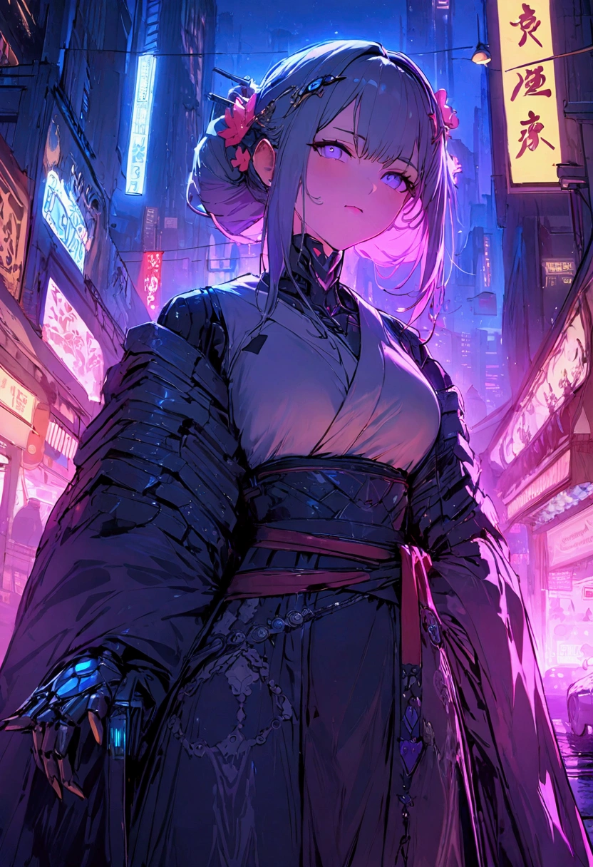 (best quality), (ultrafein), (​masterpiece), Illustration, a girl,Kimono-Costume,cyberpunk, （cyberpunk，Kimono-Costume，Cybernetic implants），Hair Accessories, bright colours，dynamic lighting，neon lights，shining city skyline，holographic projection，Fashionable clothing of the future，a mix of traditional and modern elements，Avantgardistisches Make-up，exquisite hairstyle，Self-confidence and determination，Urban environment，Heavy rain，Reflection on wet road，Metall Textur，Mechanical Armor, gorgeous accessories，High-Tech-Gadgets，Impressive cybernetic improvements，Clear focus，Grumpy Details, Overclocked rendering, Cinematic edge light, fine light, ​masterpiece, super Details, epic work, Ultra-High-Definition, good quality, 32K