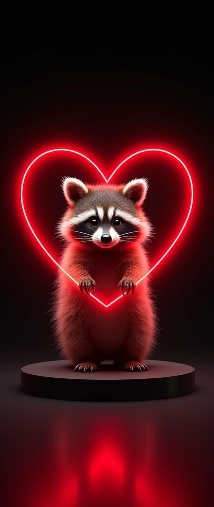 A captivating photograph of a cute extra fluffy baby realistic raccoon Hologram of a red heart floating without touching the base, total black background, total black base,4D, HD, 3d render, photo, conceptual art