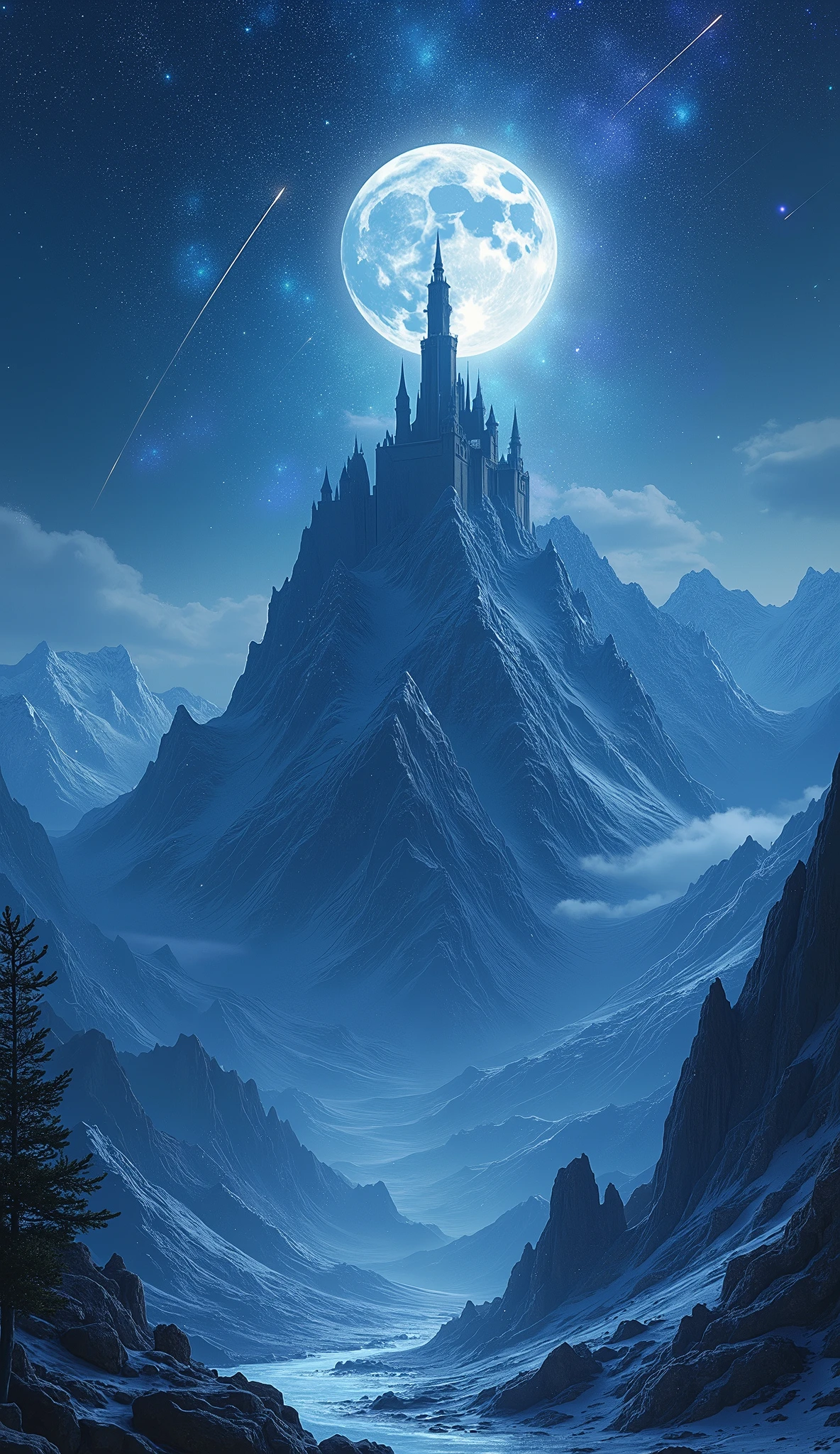Vast Landscape Photo (view from bottom, which shows the sky at the top), Fortress at the top (full moon: 1,2), (Shooting stars: 0,9), (nebula: 1,3), A Distant Mountain ,(Cold light source:1.2),  Mountain, Snow-capped mountains, voluminous lighting, реализм BREAK (tmasterpiece:1.2), (beste-Qualit), 4K, Ultra-detailed, (Dynamic composition: 1.4), Detailed, colorful details, (Cool color scheme: 1.2), (Glowing Lighting, Ambiance Lighting), dreamy, elvish, (solo: 1.2)
