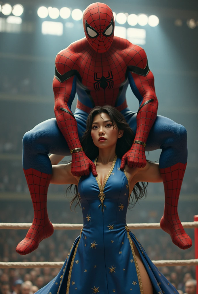 struggle, Chun-li girl, Chun-Li in blue qipao dress from street fighter, lifts spiderman with his hands. Holds Spider-Man in his arms, background ring, view from the back