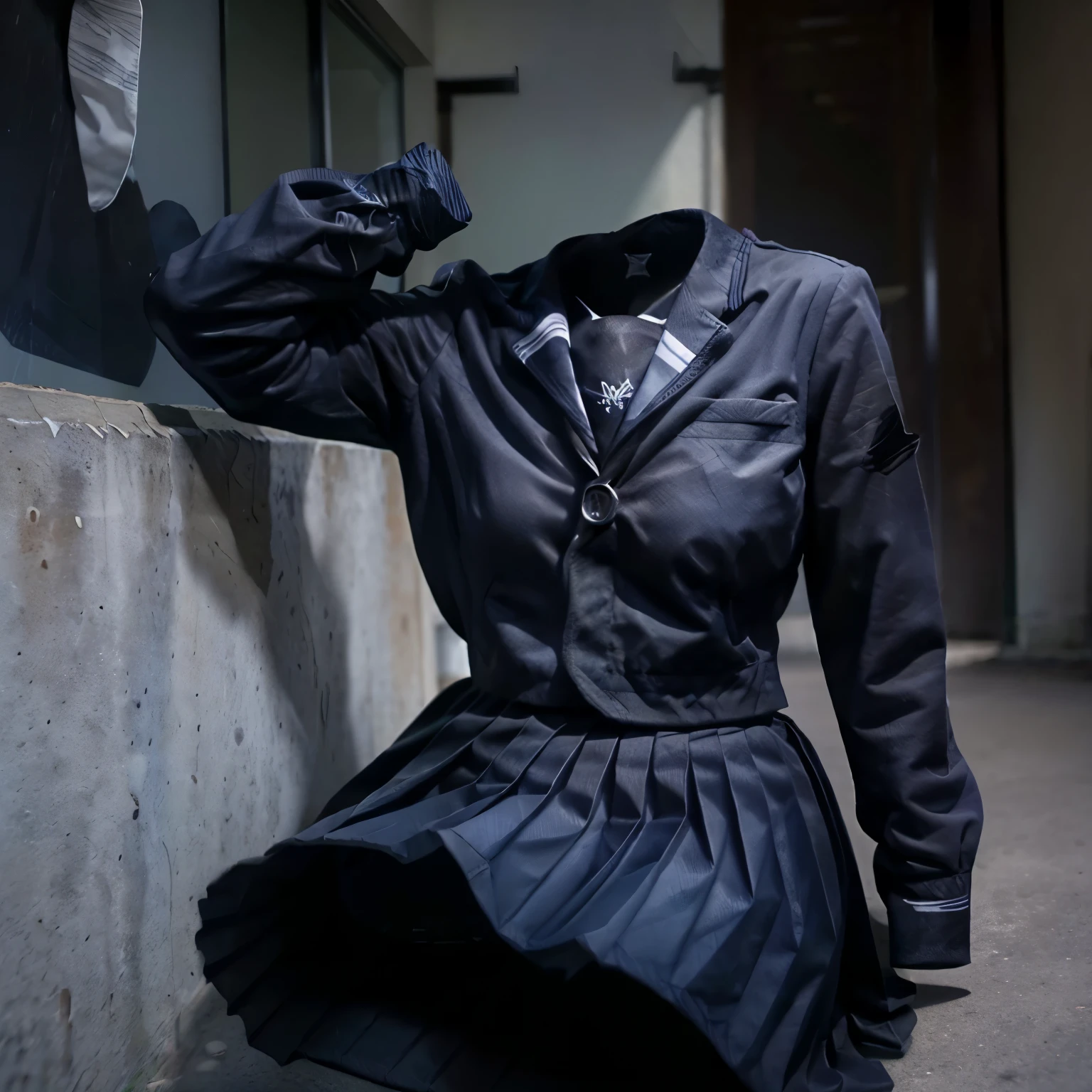 (Best-quality, Masterpiece, Ultra-High-Resolution, (Photorealistic:1.4), Raw Photo, depth of field, professional lighting, perfect anatomy, extremely details), 1girl, 15-years-old, cowboy shot, (invisible:1.5, no humans:1.5, headless:1.5, faceless:1.5), cute big breasts:1.5, chubby, fat, dark blue/white/black JK_shirt,
JK_style,
dark blue/long JK_tie,
gray/black JK_skirt,
dark blue/gray/black/blue JK_suit,
dark blue/white/balck JK_sailor,
dark blue/black/gray collar