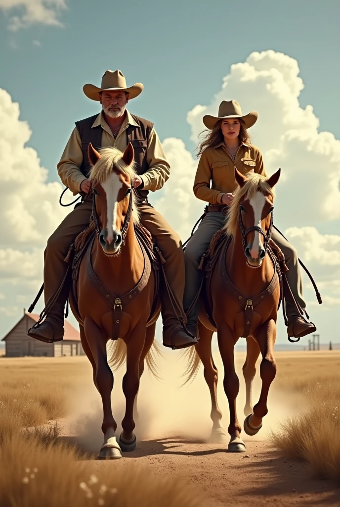 Two cowboys, one male and one female, in Texas riding horses 