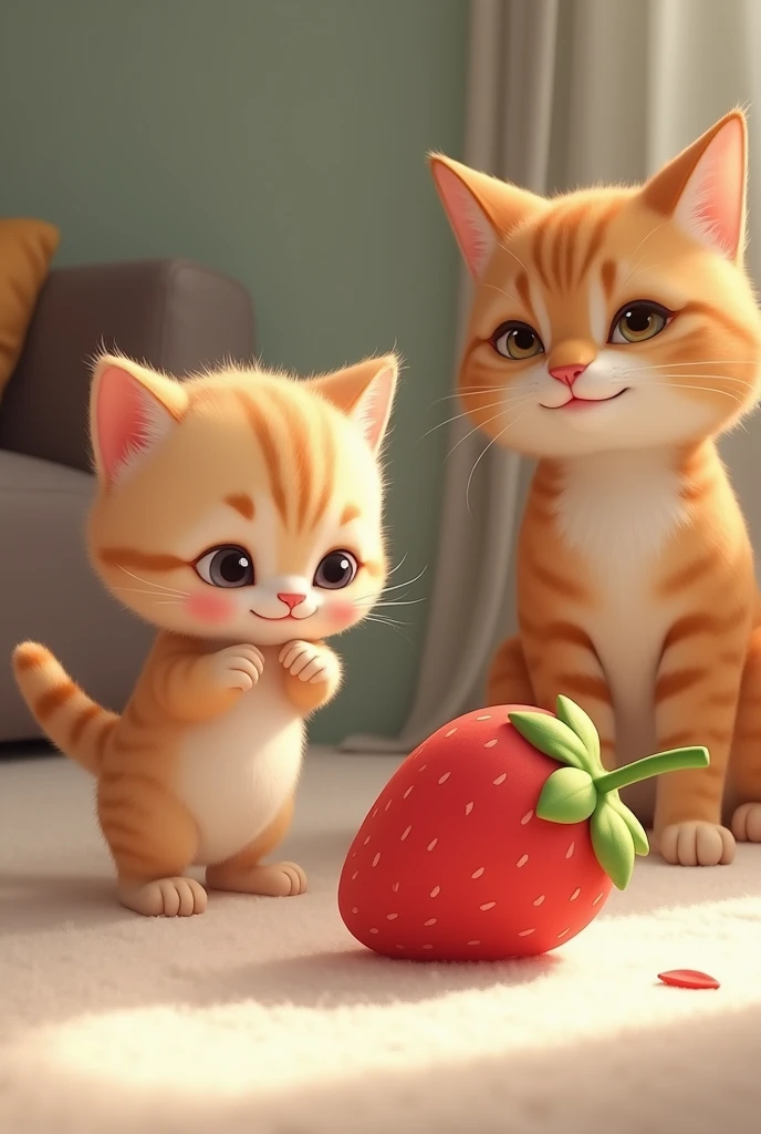 strawberry baby cat The toy rolls closer to the mother cat, who lazily opens one eye, noticing the commotion.