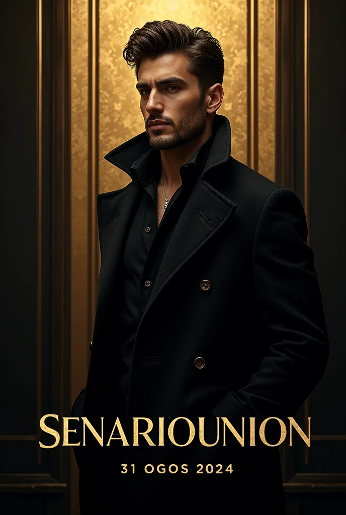 Poster of one handsome man with a coat. Color the background with black and gold. Write on that showcase SENARIOUNION 31 OGOS 2024. Write his name Yassin