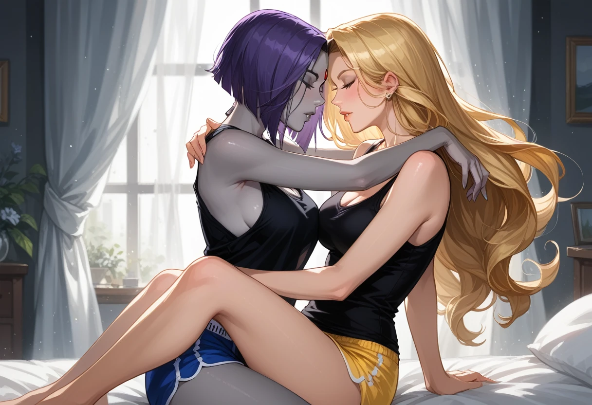 score_9, score_8_up, score_7_up, score_6_up, source_cartoon, adult women, yuri, couple, (2women), duo, BREAK adult, (Raven, grey skin:1.5), BREAK adult, (Terra_Markov from Teen Titans, blonde, long flowing hair:1.4), BREAK (bedroom, embracing, sexy tight pajama shorts and tank tops:1.3), BREAK shallow depth of field, highly detailed, bokeh, moody, epic, gorgeous, grainy, BREAK (ultra-detailed), (best illustration), (best shadow), (absurdres), BREAK (detailed background), (very aesthetic).