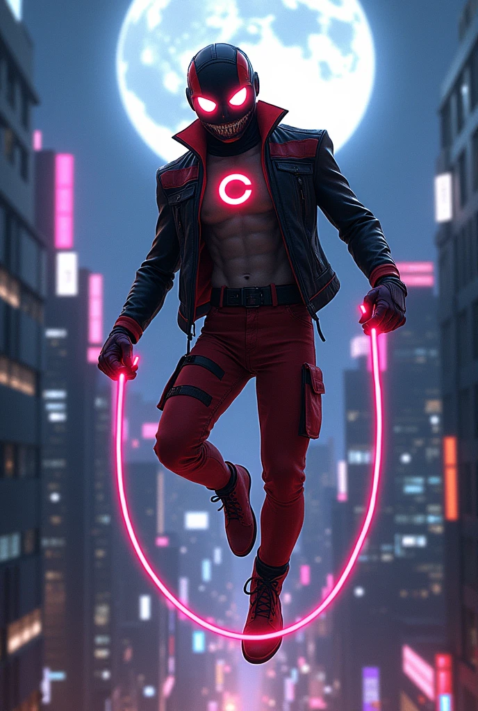 Malaysia man wear helmet domino mask red black color.. White yes.big google glasses . Very athletic body type.glowing logo. Big "C" logo on chest. Very thin. No muscle. The daredevil costume. Superhero lizard concept. Man use hanging with hand. Jacket leather.. cyberpunk design. Big shoulder. Hang out on bar . Bombing effect background. Jumping with two Hands up . Red cargo pant, high tech belt detail. Jump from top building Background city. At night big moon shoot. Holding pink rope come out from hand.