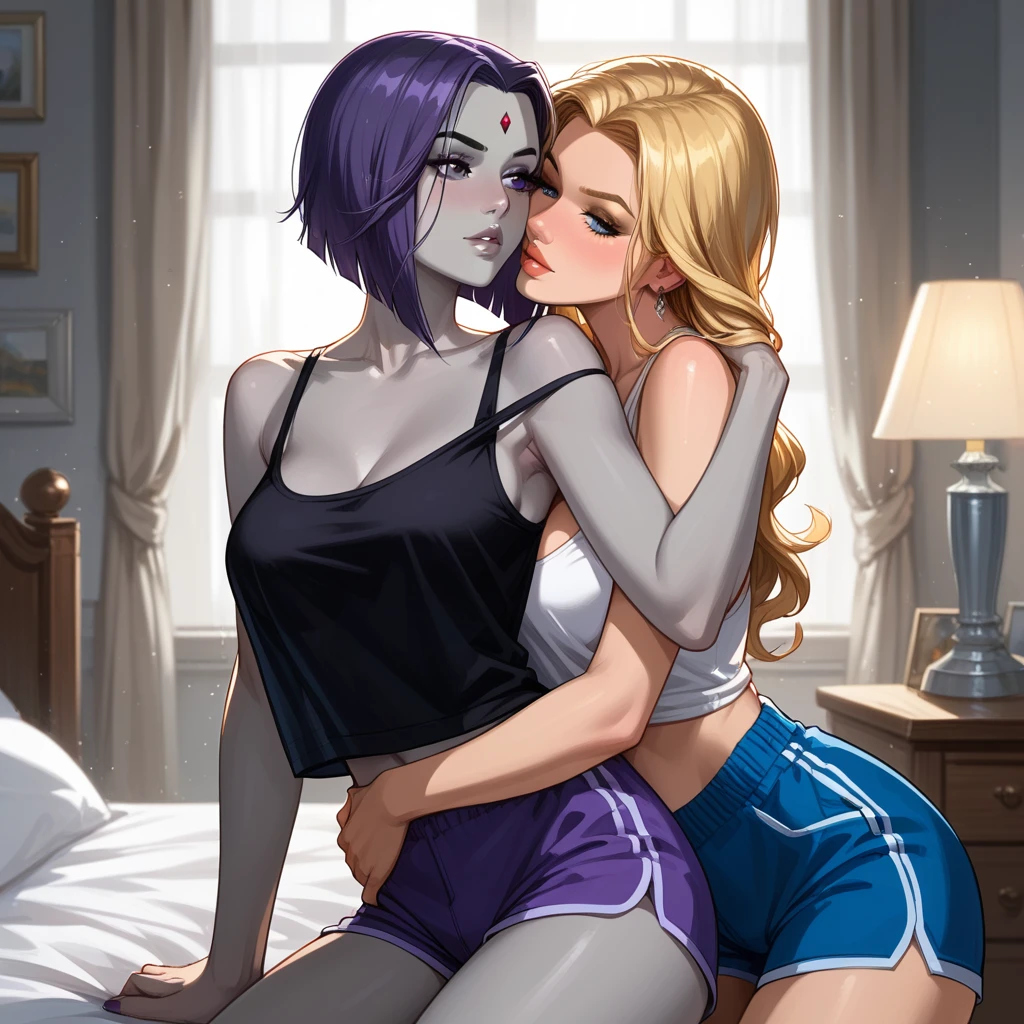 score_9, score_8_up, score_7_up, score_6_up, source_cartoon, adult women, yuri, couple, (2women), duo, BREAK adult, (Raven, grey skin:1.5), BREAK adult, (Terra_Markov from Teen Titans, blonde, long flowing hair:1.4), BREAK (bedroom, embracing, sexy tight pajama shorts and tank tops:1.3), BREAK shallow depth of field, highly detailed, bokeh, moody, epic, gorgeous, grainy, BREAK (ultra-detailed), (best illustration), (best shadow), (absurdres), BREAK (detailed background), (very aesthetic).