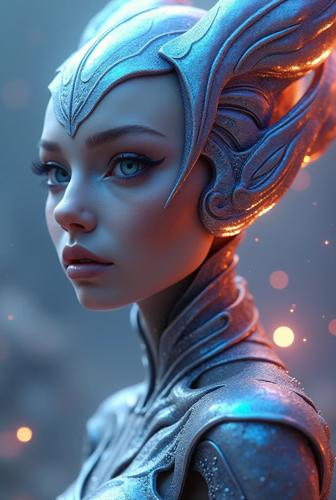 strybk, an alien woman wearing an elaborate reflective gliwing exoskeleton, glitter, in the style of Midjourney v5, DeviantArt, realistic face, hyperdetailed, intense contrast, glowing, oil slick, rim light, symmetry, sharp focus, iridescent, ray tracing, majestic digital painting by Josephine Wall, Beeple, Brian Froud, trending on ArtStation, 32k, kids story book style, muted colors, watercolor style