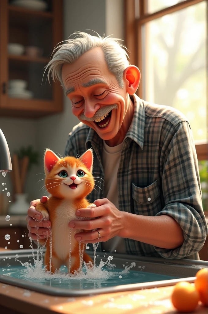 create realistic images An elderly man with gray hair and a plaid shirt is joyfully washing a small, red-furred kitten covered in soap in a sink. He is smiling broadly, clearly enjoying the moment, while water flows from the faucet onto the kitten, creating a playful, bubbly scene. The background features a cozy kitchen ambiance with light streaming through the window.