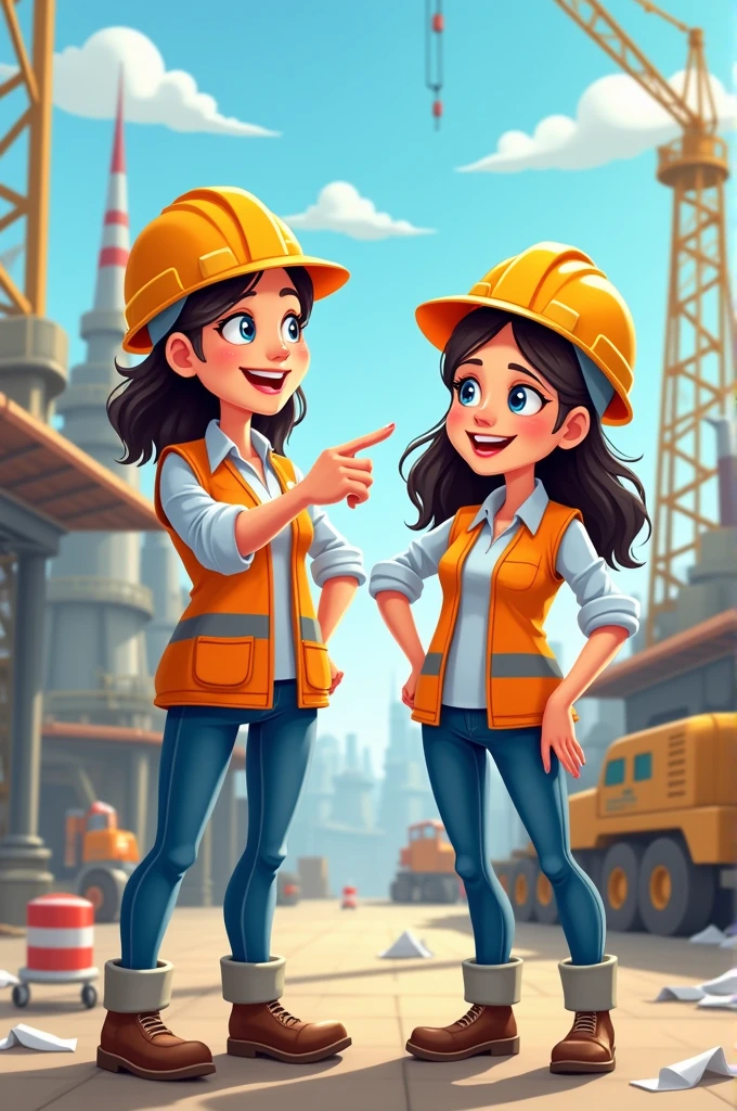 Two cartoon women professional engineers pointing to the right 🫱