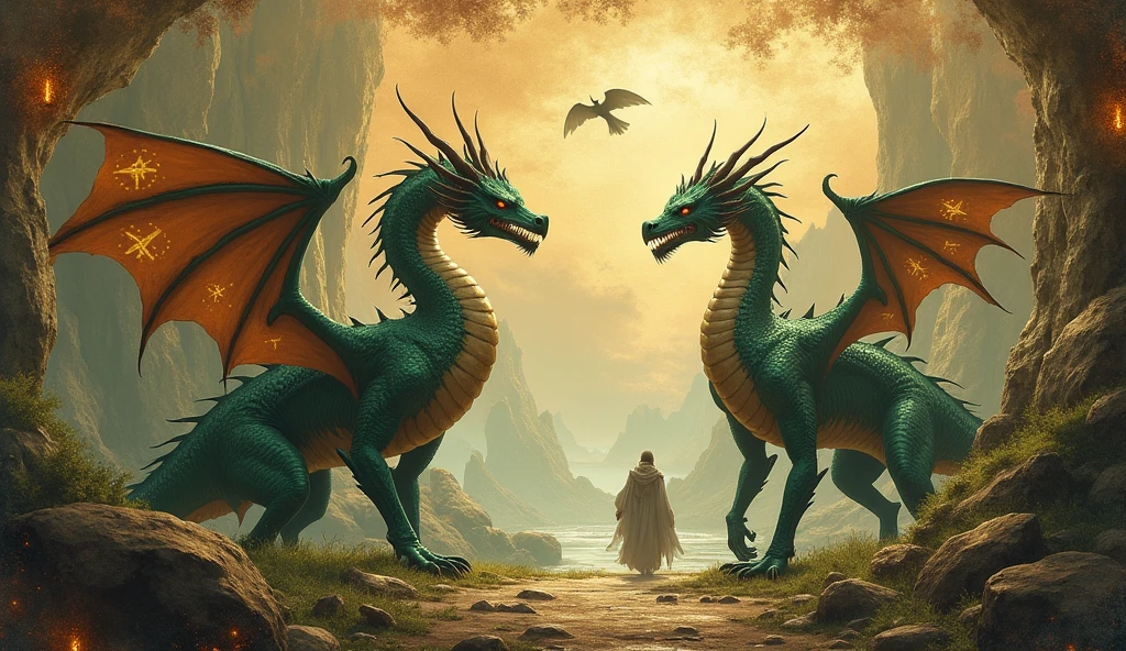 showcasing a breathtaking ancient landscape with multiple dragons scattered across the scene. The background should feature weathered parchment or stone textures, with glowing runes or ancient symbols subtly integrated. Use earthy tones like deep greens and bronze to enhance the mystical and ancient feel. Position the dragons in various poses and locations to convey a sense of grandeur and magic.
