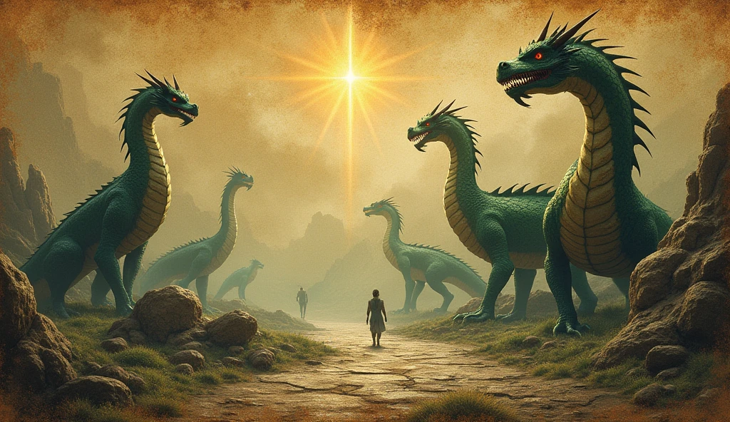 showcasing a breathtaking ancient landscape with multiple dragons scattered across the scene. The background should feature weathered parchment or stone textures, with glowing runes or ancient symbols subtly integrated. Use earthy tones like deep greens and bronze to enhance the mystical and ancient feel. Position the dragons in various poses and locations to convey a sense of grandeur and magic.