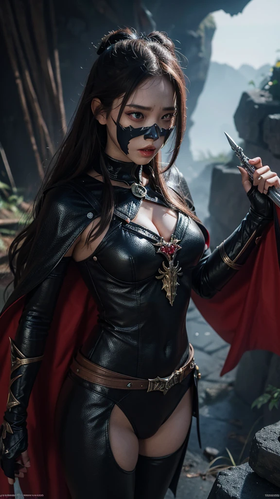 Evil female monsters appearing in special effects heroes, too beautiful, special weapons, realistic depiction, ultra-high resolution, fantasy world, full-face mask