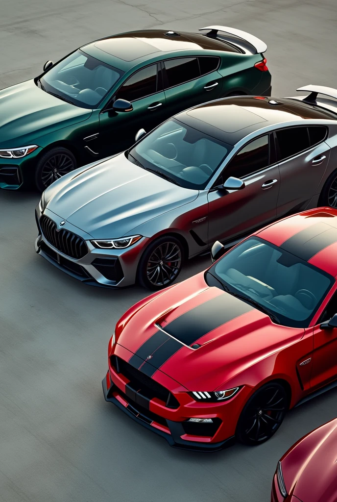 Genesis g90 in dark green, BMW 630i GT in metallic grey and black, porsche cayenne turbo GT in metallic artic grey, land rover defender 130i in dark red, shelby GT500 in metallic bright red colour. Make a picture where all these cars are parked in on frame 