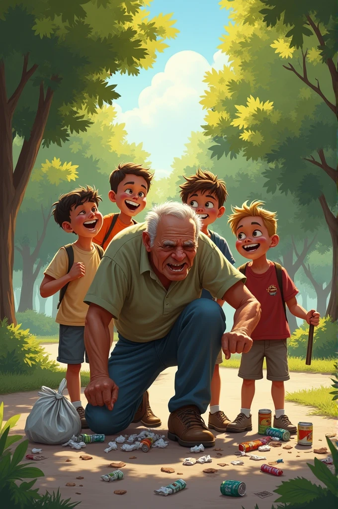 A group of children standing behind the back of an unhappy old man picking up trash in a park, laughing at him and pointing at him.