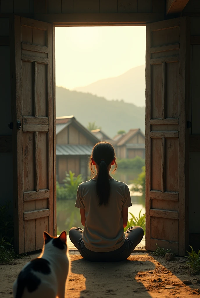 (Photorealism 1.2) high detailed definition cinematic cinematography one women wearing shirt and trousers  sit at middle of tiny door look outside  with white black cat background Malay Kampong village morning mode mountain lake old rusty wood house sunlight silhouette