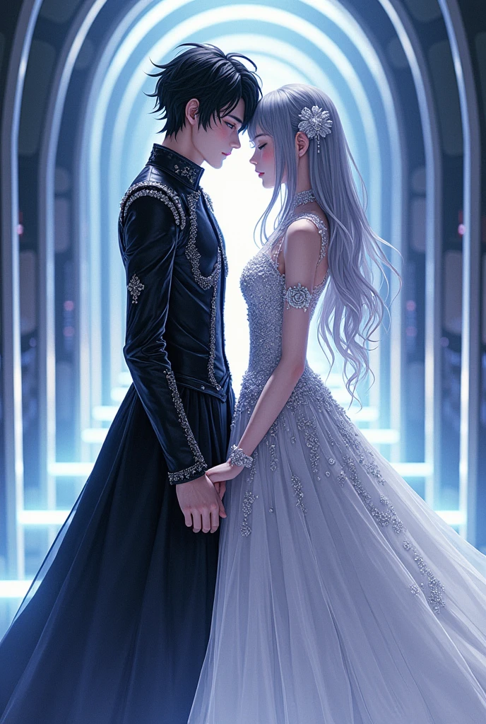 Sanakan and Cibo from Blame! in wedding dresses), (sci-fi theme), male with jet-black hair, female with striking silver hair, futuristic setting, glowing accents, ethereal atmosphere, intricate details on dresses, soft yet vibrant light illuminating from above, intimate and romantic vibe, high detail, ultra-detailed, cinematic quality, emotionally charged scene.