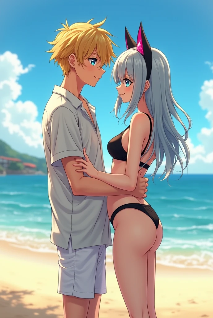 Masterpiece, anime, anime style, greatest anatomy, detailed anatomy, duo, two people, a boy and a girl.
a boy yellow hair, blue eyes, wear beach shirt, and white pants.
a girl light gray hair and eyes, black catgirl ears and pink inside, d cup tits size, wear black bra and panties and transparent shirt.
They standing at beach.