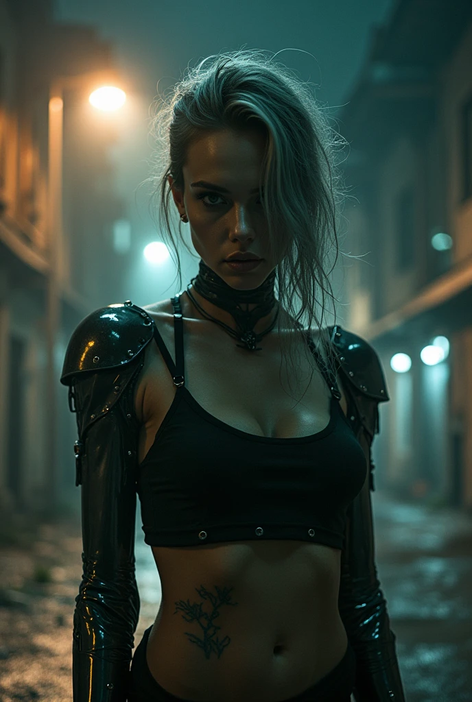 ((film grain, bokeh, light particles ,dust motes, extreme camera angle.)), dynamic pose, full body photo of a young attractive broken cyborg female, eyebrow up, night, streetlamp, gray strand of hair