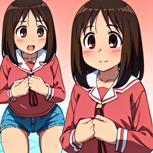 ((One person,)) ayumu kasuga, Brown Hair, Brown eyes, smile, Open your mouth, Very detailed，high quality，Ahegao，blush，Small breasts，((Showing off your crotch，))(((Big Futanari)))Lower Body，Spread your legs wide，Browsing Caution，sexy，