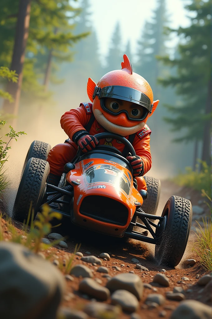 salmon fish driving a rally car