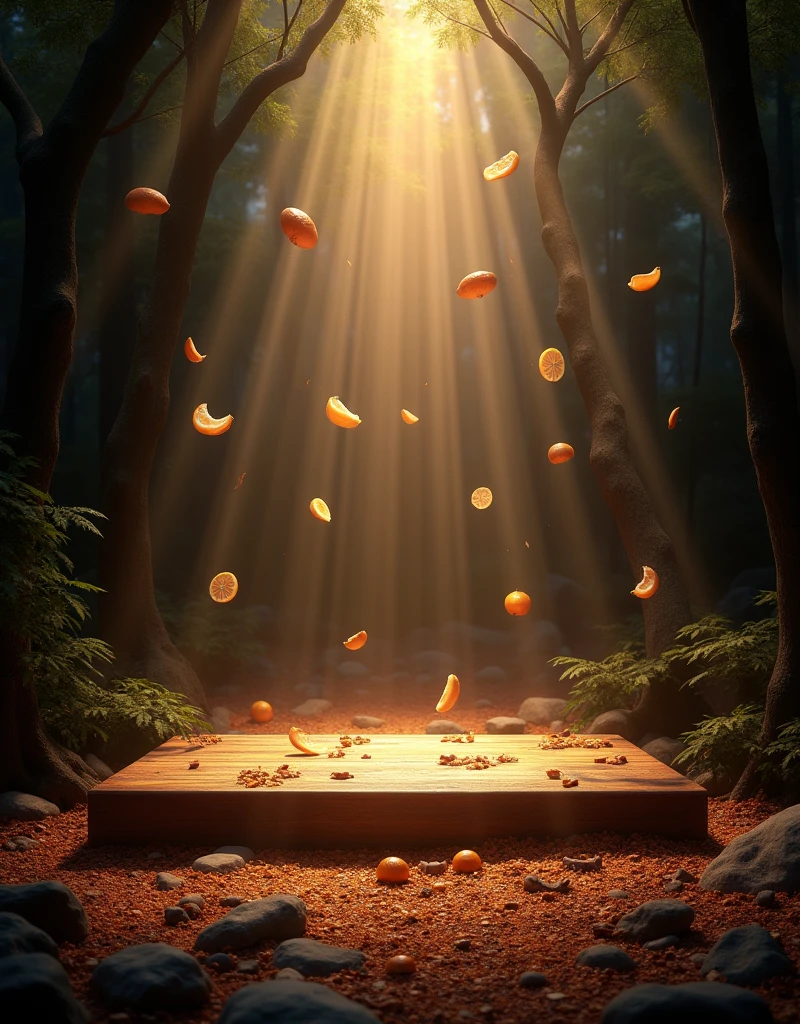 wooden stage on a dark elegant natural background and floating mandarin scattered, Pepper , cedar in the air cut and tonka bean . and elegant bright lead lights
