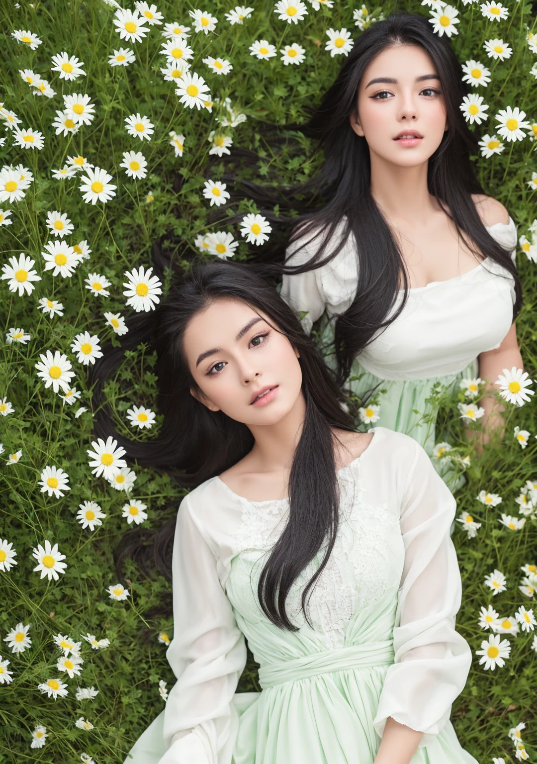 Create a striking realistic Woman with long black hair, perfect face, dressed in white clothes, in a green field of daisies