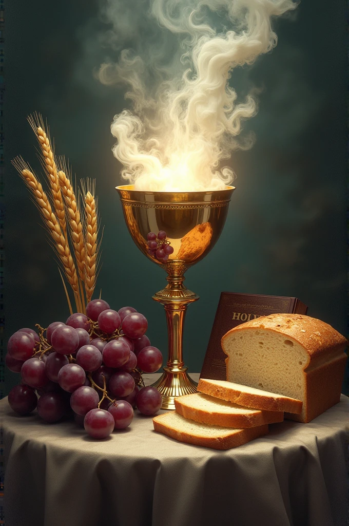 unrealistic, communion cup with holy bible, Wheat, Uvas, and sliced bread