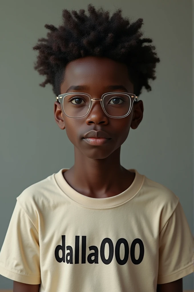 It creates the image of a young man with very short, wavy hair and dark skin who wears glasses., and he&#39;s wearing a t-shirt that says DALLA0000