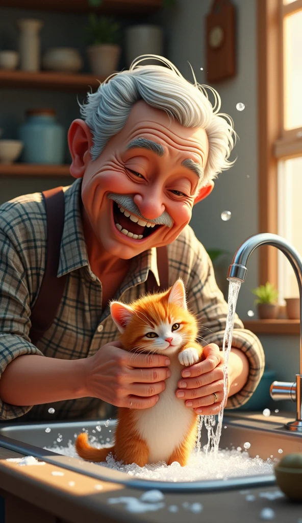create realistic images An elderly man with gray hair and a plaid shirt is joyfully washing a small, red-furred kitten covered in soap in a sink. He is smiling broadly, clearly enjoying the moment, while water flows from the faucet onto the kitten, creating a playful, bubbly scene. The background features a cozy kitchen ambiance with light streaming through the window.