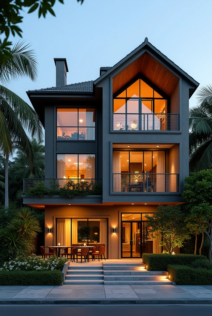 Make a large building in the shape of a two-story house, with glass windows, lights, coconut trees in the outdoor area, large illuminated sign, Written "Green Amazon events" In Portuguese, large interior, fullcolor, Trees, large events company, city center building, big company, sustainable, It cannot look like a hotel or a restaurant, but company 
