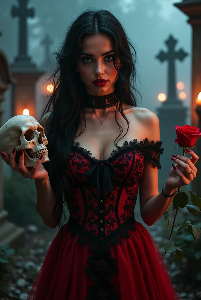 an elegant woman with long, dark hair wearing a vibrant dark red and black dress adorned with lace and intricate details. embroidery Her skin is a clear and striking tone, the right side of her face is wearing catrina-style makeup, mixing beauty and macabre. In one hand, she delicately holds a skull and, in the other, a red rose, symbolizing her dual nature. She is in a dimly lit cemetery, surrounded by dimly glowing candles and fog, with shadows from old tombstones and crosses in the background. The atmosphere is eerie and slightly eerie, with a soft, reddish light highlighting its presence.